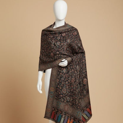 Silk Wool Jamawar Kani Shawl in Black