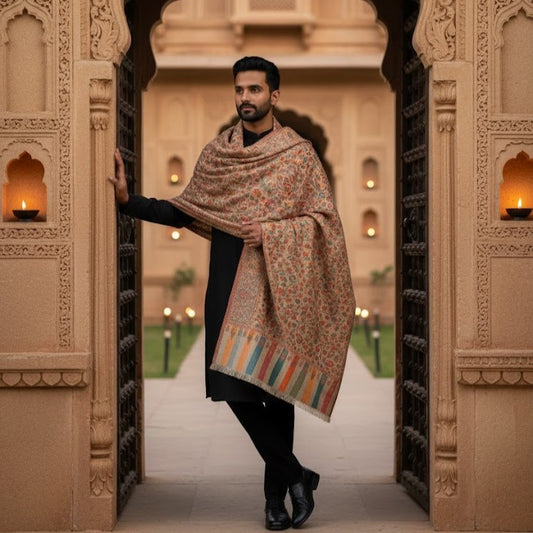 Men's Beige Wool Kani Shawl UK - Elegant Formal Wear for Weddings & Gifting