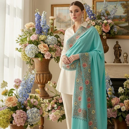 Woman in a light blue floral shawl standing among flowers in a decorated room.