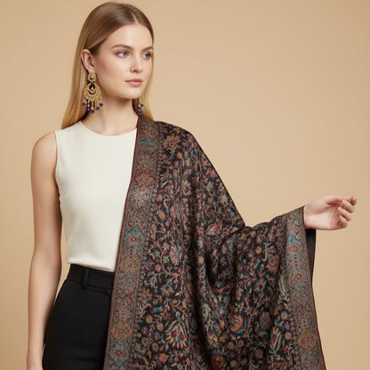 Silk Wool Jamawar Kani Shawl in Black