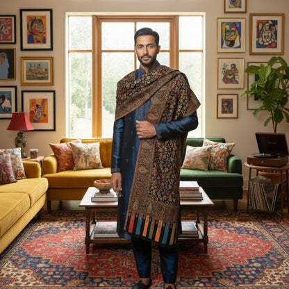 Men's Pure Wool Kani Shawl draped on a male model