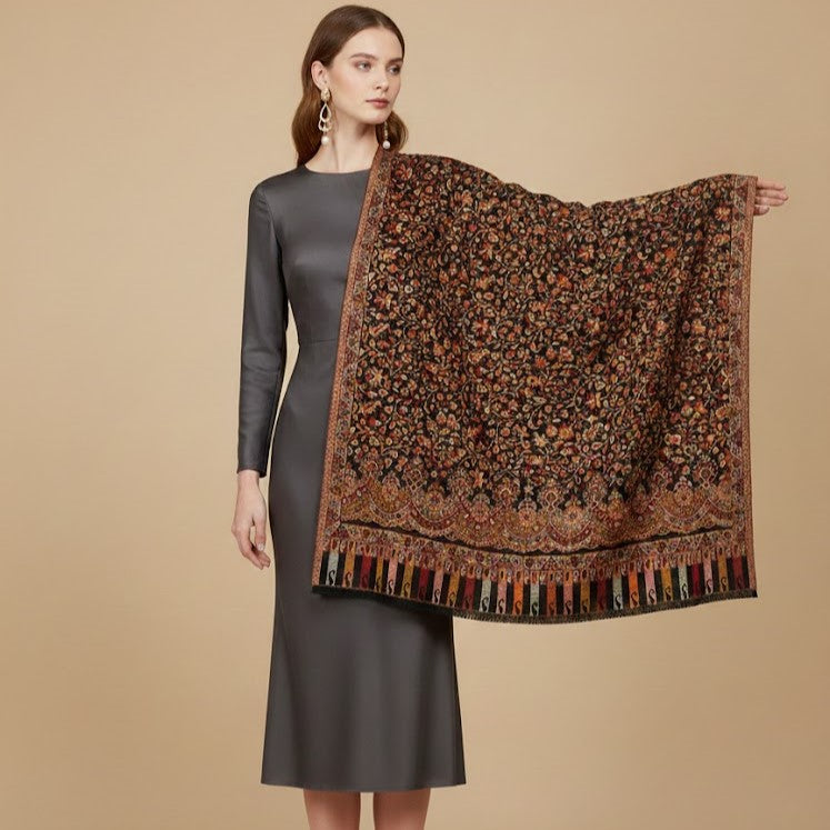 Black Multifloral Kani Shawl draped on a female model