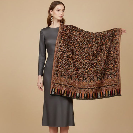 Black Multifloral Kani Shawl draped on a female model