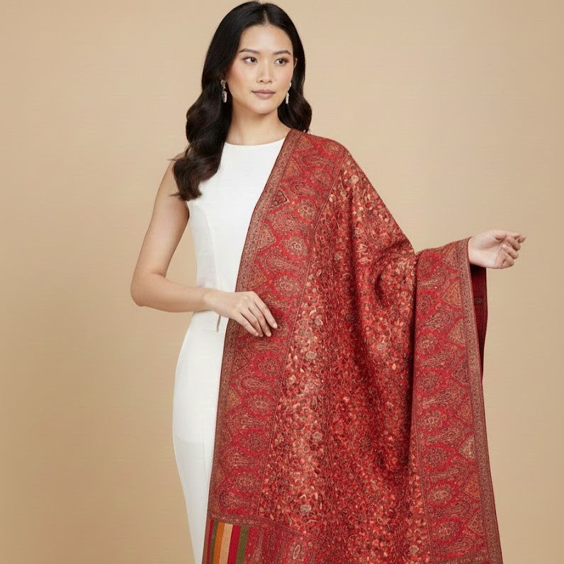 Kani Shawl in red on a female model