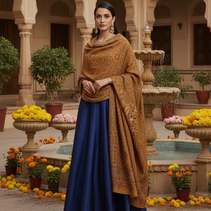 Pure wool kani shawl with sunflower design draped on a female model