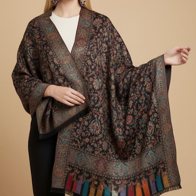 Silk Wool Jamawar Kani Shawl in Black