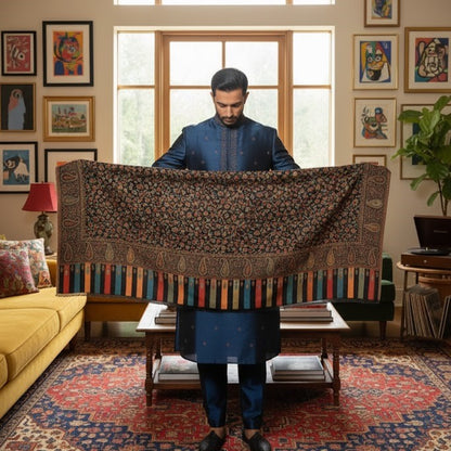 Men's Pure Wool Kani Shawl draped on a male model
