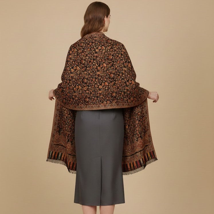 Black Multifloral Kani Shawl draped on a female model