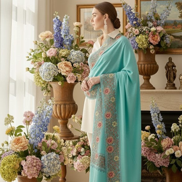Woman in a light blue saree standing among floral arrangements in a decorated room.