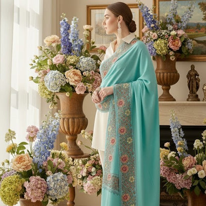 Woman in a light blue saree standing among floral arrangements in a decorated room.