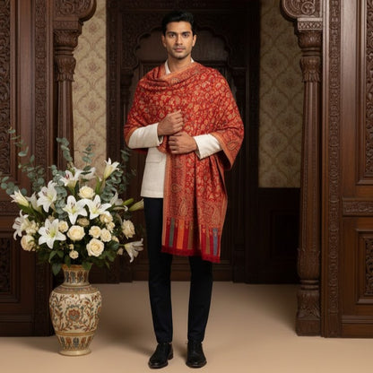 Man wearing a red patterned shawl standing next to a vase with flowers in an ornate room.
