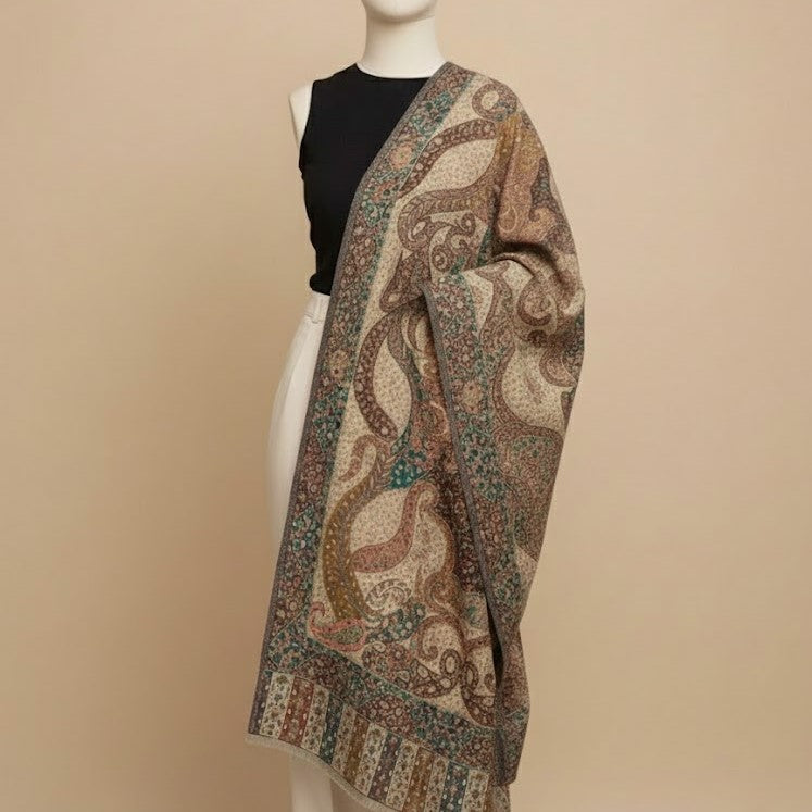Bottle Green Kalamkari Shawl on a female model