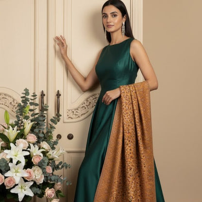 Beautiful yellow kani shawl on a female model