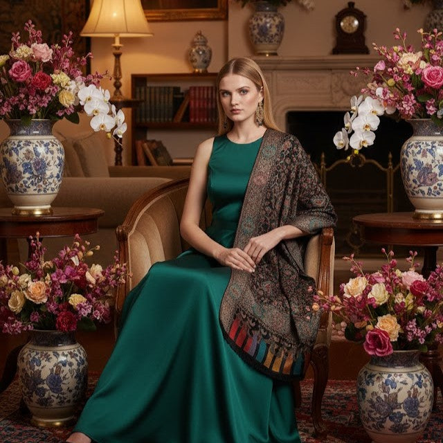 Silk Wool Jamawar Kani Shawl in Black