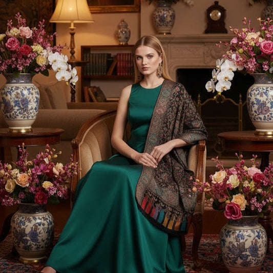 Silk Wool Jamawar Kani Shawl in Black