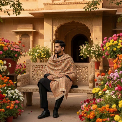 Men's Beige Wool Kani Shawl UK - Elegant Formal Wear for Weddings & Gifting