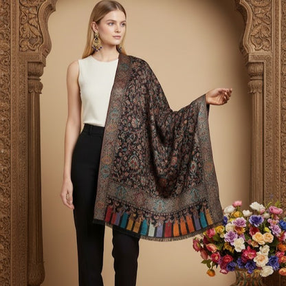 Silk Wool Jamawar Kani Shawl in Black