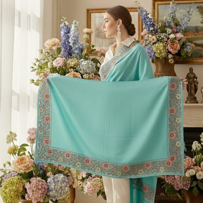 Woman holding a turquoise shawl with floral patterns in a room with flowers and paintings.