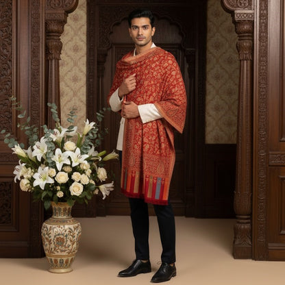 Man in traditional red and gold kurta standing next to a vase of flowers in an ornate room.