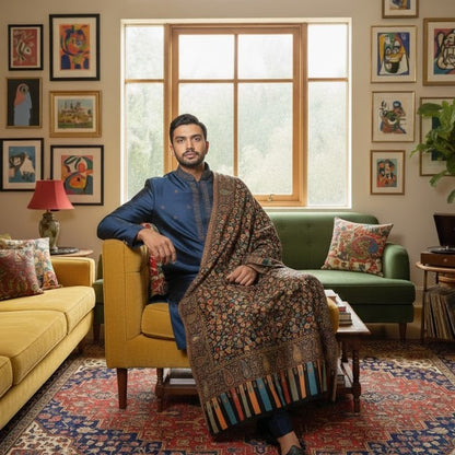 Men's Pure Wool Kani Shawl draped on a male model