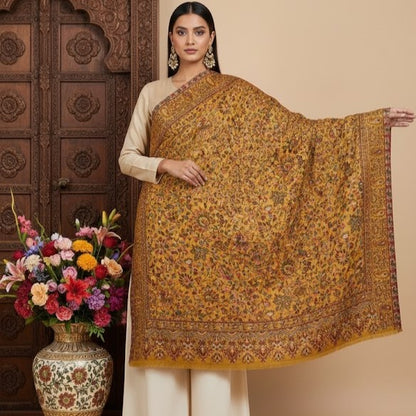 Pure wool kani shawl with sunflower design draped on a female model
