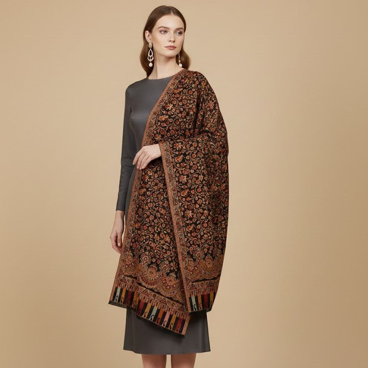 Black Multifloral Kani Shawl draped on a female model