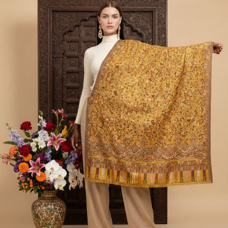 Woman holding a gold patterned scarf with flowers and a vase in the background