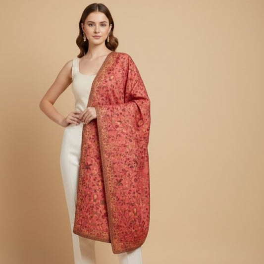 Beautiful pink kani shawl on a female model