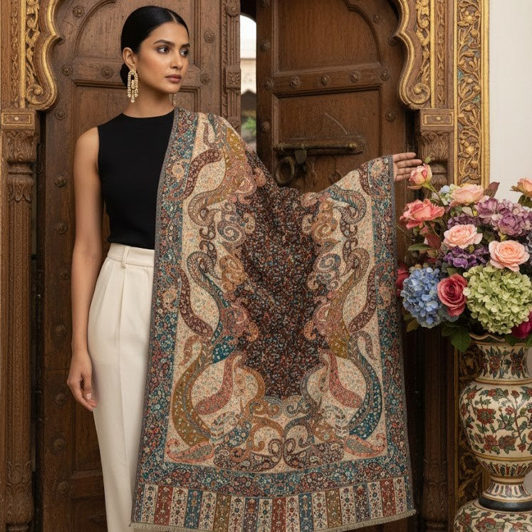 Bottle Green Kalamkari Shawl on a female model