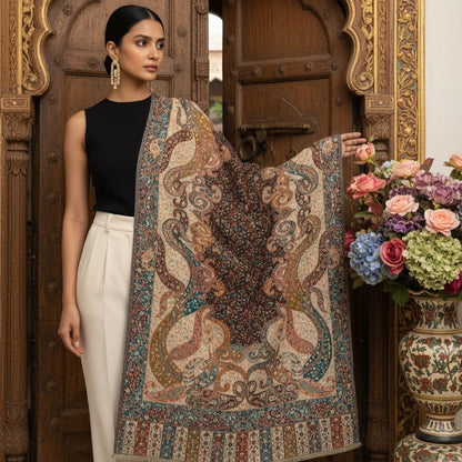 Bottle Green Kalamkari Shawl on a female model