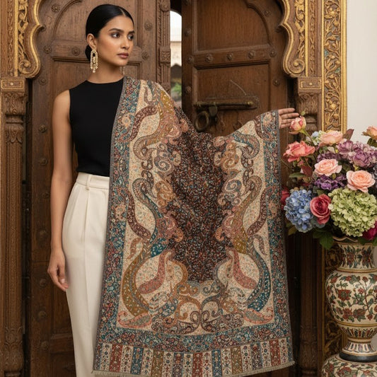 Bottle Green Kalamkari Shawl on a female model