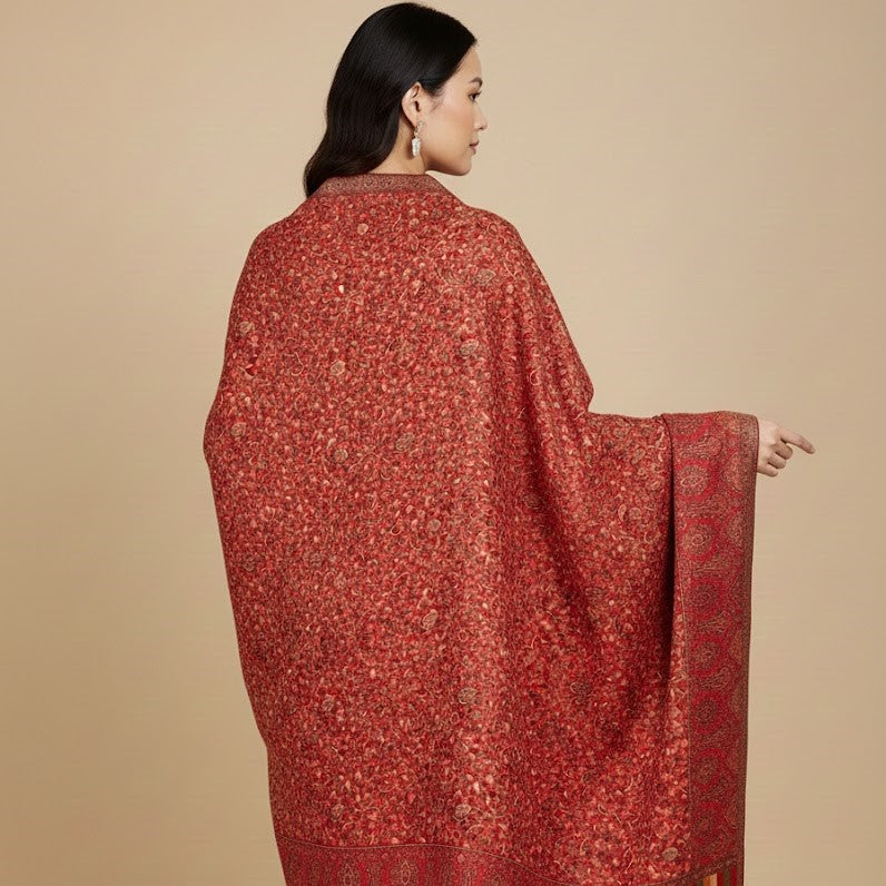 Kani Shawl in red on a female model