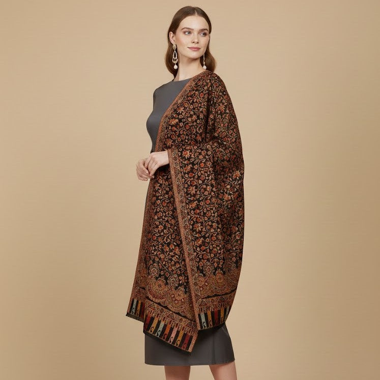 Black Multifloral Kani Shawl draped on a female model