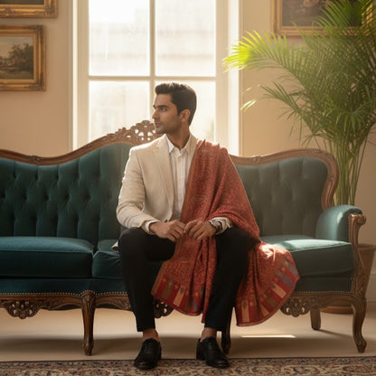Man sitting on a vintage couch in a room with a large window and decorative elements.