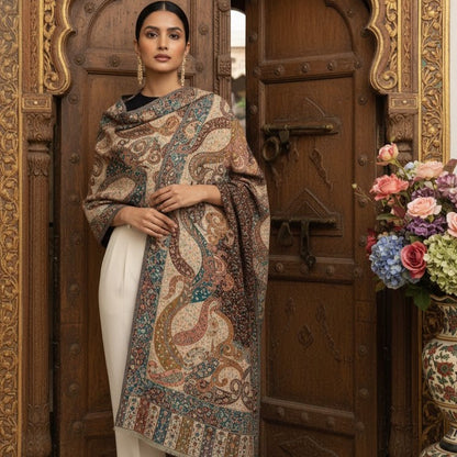 Bottle Green Kalamkari Shawl on a female model