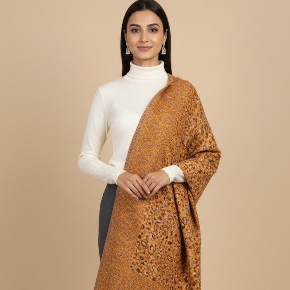 Beautiful yellow kani shawl on a female model