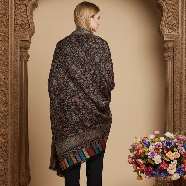 Silk Wool Jamawar Kani Shawl in Black