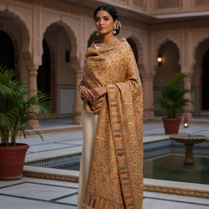 Silk wool jamawar kani shawl draped on a female model