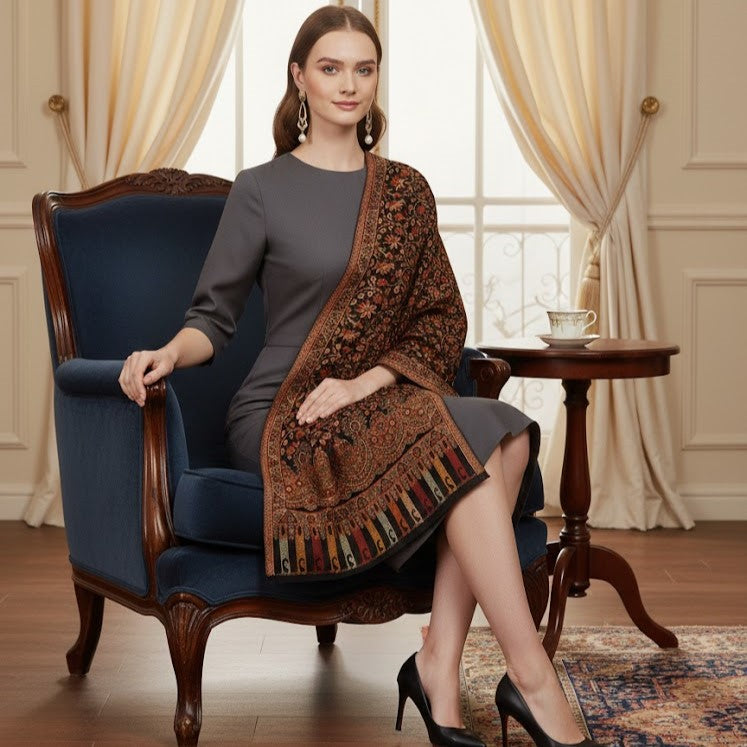 Black Multifloral Kani Shawl draped on a female model