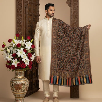Men's Pure Wool Kani Shawl draped on a male model