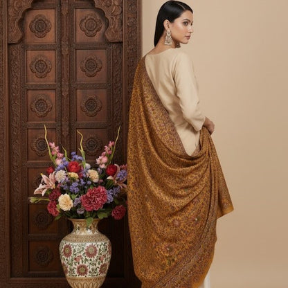 Pure wool kani shawl with sunflower design draped on a female model