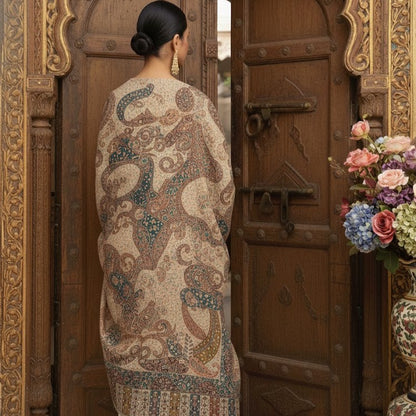 Bottle Green Kalamkari Shawl on a female model