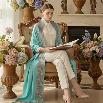 Woman reading a book in an elegant room with floral arrangements and decorative vases.