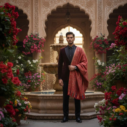 Man in a red shawl standing in front of a fountain with floral decorations