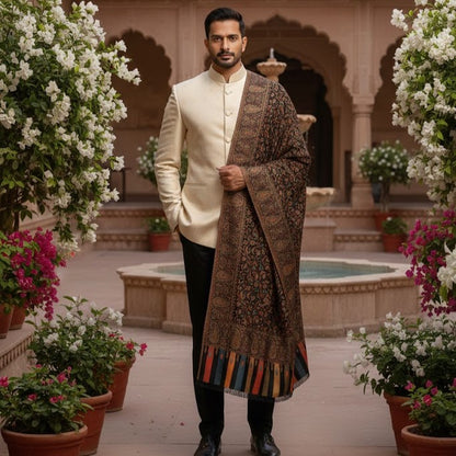 Men's Pure Wool Kani Shawl draped on a male model
