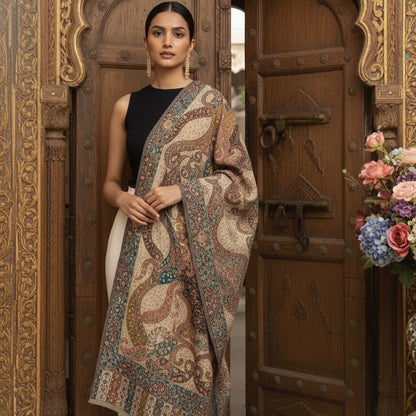 Bottle Green Kalamkari Shawl on a female model