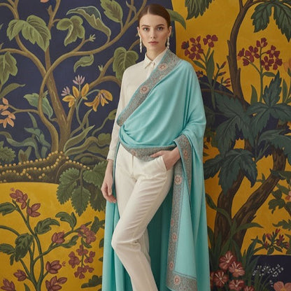 Woman wearing a turquoise shawl with floral patterns against a decorative wall.