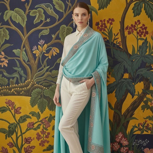 Woman wearing a turquoise shawl with floral patterns against a decorative wall.