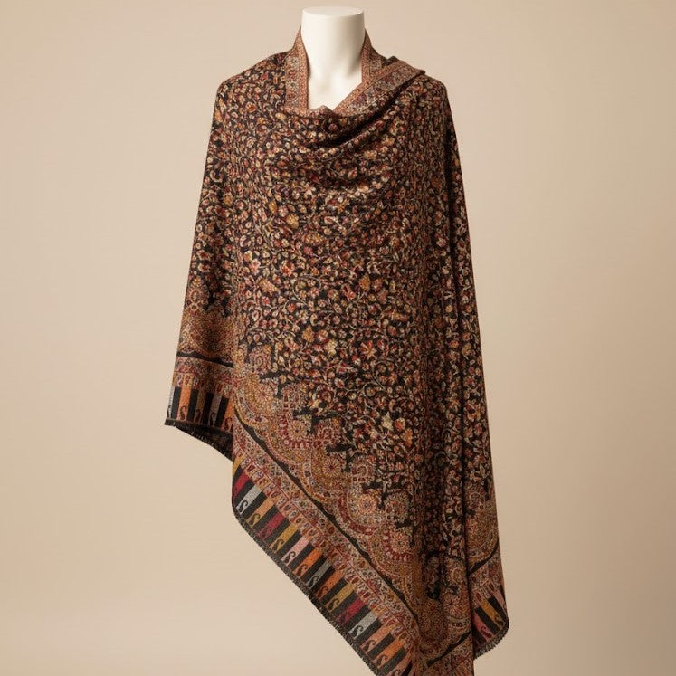 Black Multifloral Kani Shawl draped on a female mannequin