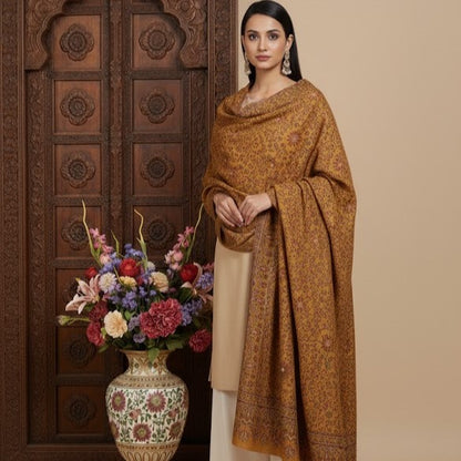 Pure wool kani shawl with sunflower design draped on a female model